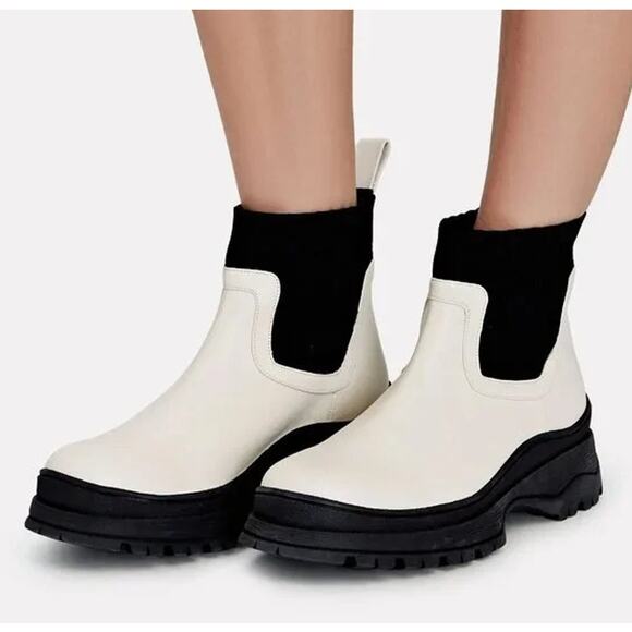 STAUD Bow Lug Sole Leather Sock Boot Pull On Ankle Chunky Boots Platform White - Picture 1 of 12